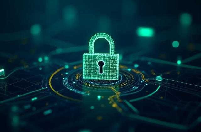 Digital lock icon over a secure network visualization